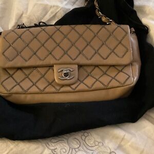 CHANEL BAG TAN WITH METAL DESIGN.  STUNNING, 11” x6” x 2”